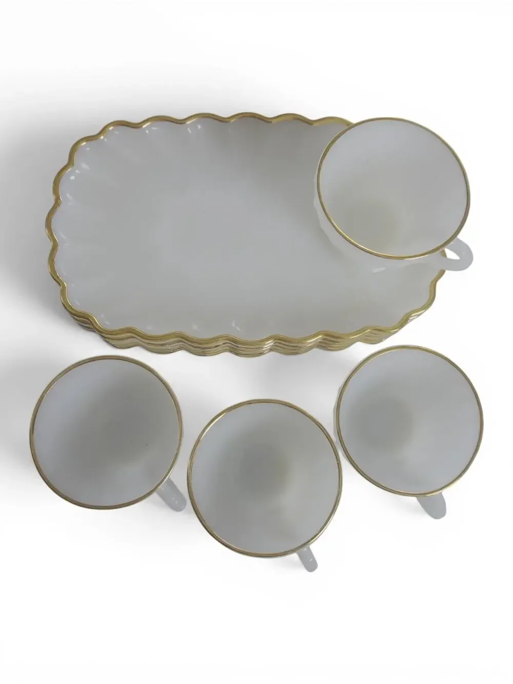 Vintage Anchor Hocking Milk Glass Snack Set 4 Cups 4 Trays Gold Trim